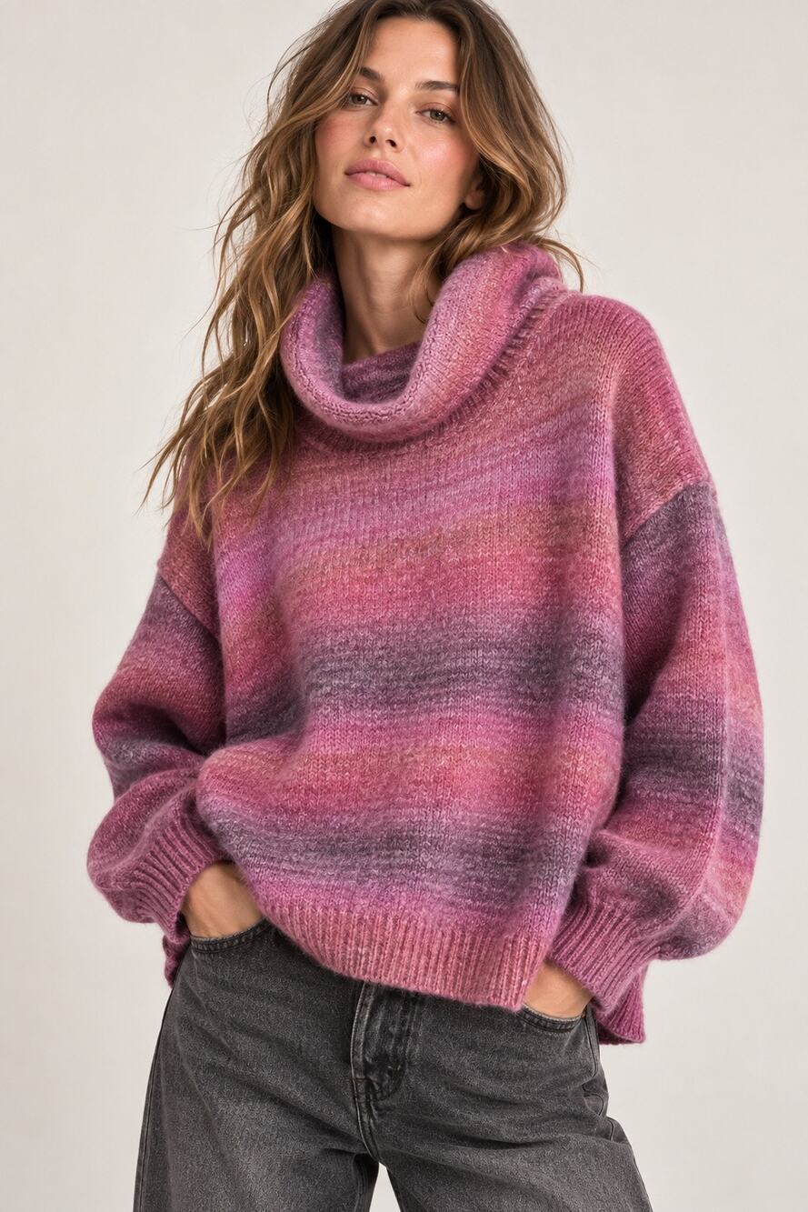 Molly Bracken Ombré Oversized Cowl Neck Wool Blend Sweater – Medium